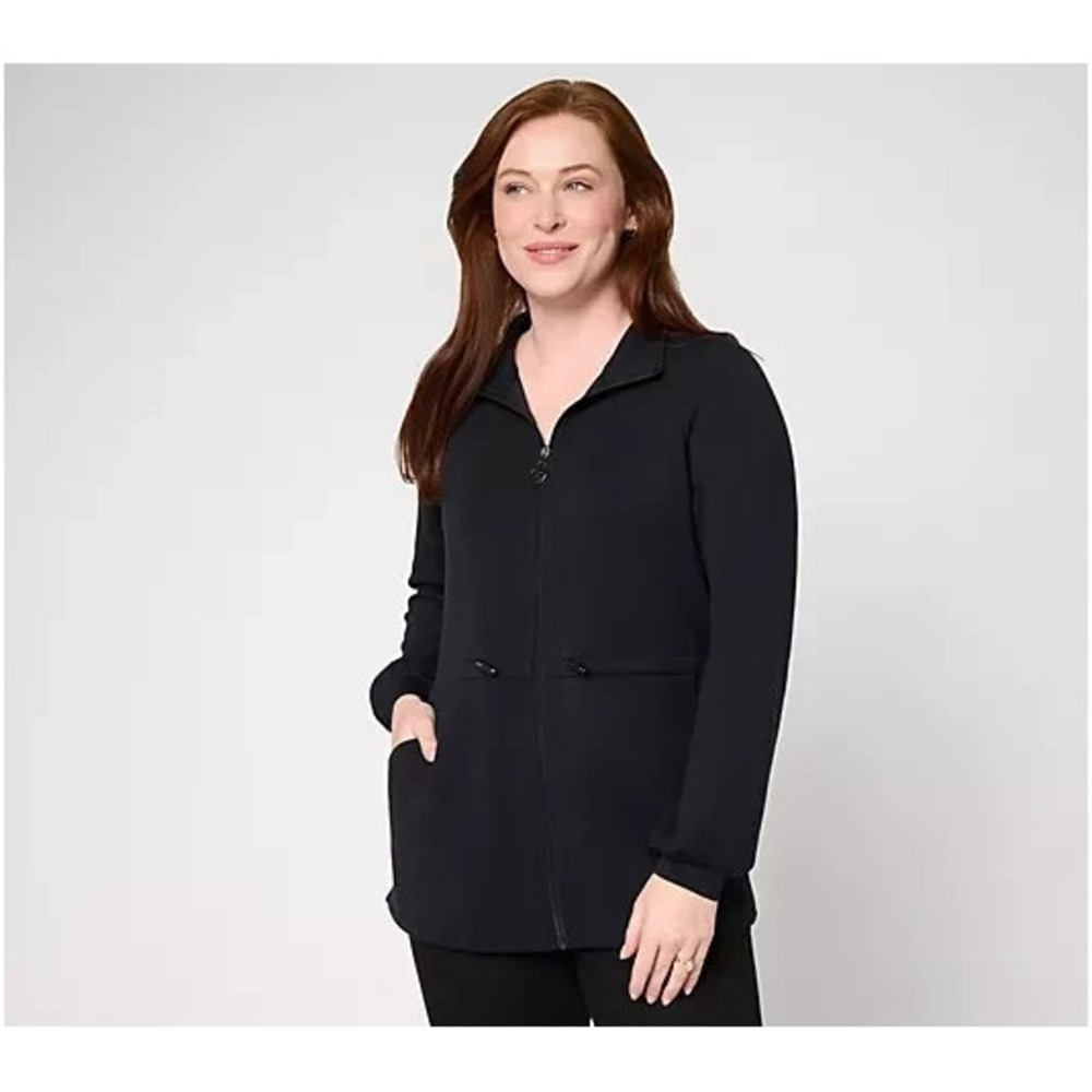 Belle by Kim Gravel ScubaLuxe Cinch Waist Zip Front Jacket Black, Small